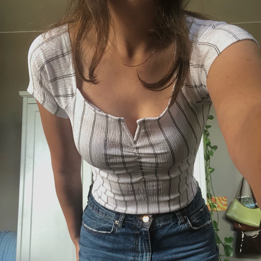 white striped short sleeve top